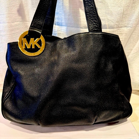Michael Kors Black Pebbled Leather Shoulder Bag with Gold Accent - Picture 1 of 10